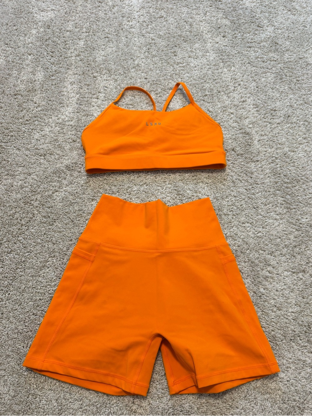 LSKD Women's Orange High-Waist Bike Shorts & Sports Bra Set